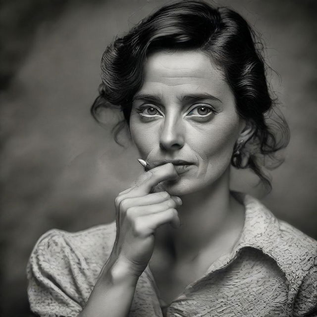 Transform the portrait, replacing the man with a compelling image of a young woman. Her hand delicately holding a cigarette, the depth of her eyes keeping the same distinguished, intense, award-winning emotion.