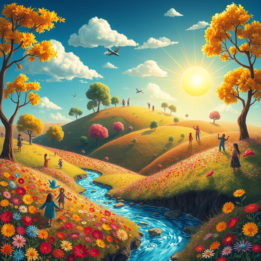 A fantastical planet filled with scenes of positivity and joy, showcasing rolling hills covered in colorful flowers, towering trees with radiant leaves, and a bright sun shining down from a cheerful sky