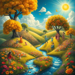 A fantastical planet filled with scenes of positivity and joy, showcasing rolling hills covered in colorful flowers, towering trees with radiant leaves, and a bright sun shining down from a cheerful sky