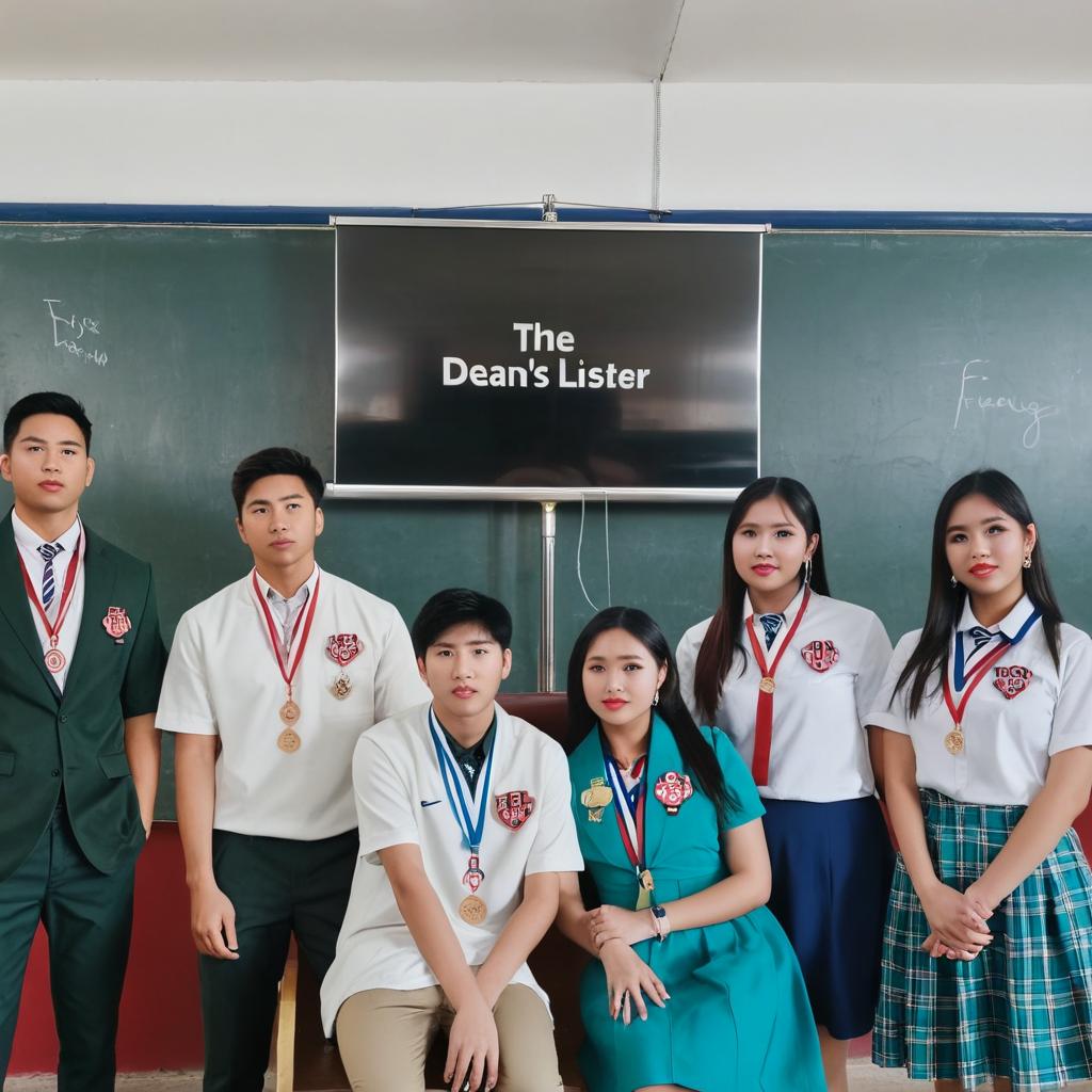 Edit this to a film poster entitled "The Dean's Lister" with a red color grading and a background with A+ doodles or stickers. The film is about academic achiever group of friends and the other one is killed