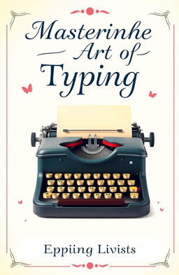 A visually appealing and elegant typing book cover design, featuring a vintage typewriter with a stack of colorful typing sheets, set against a soft pastel background