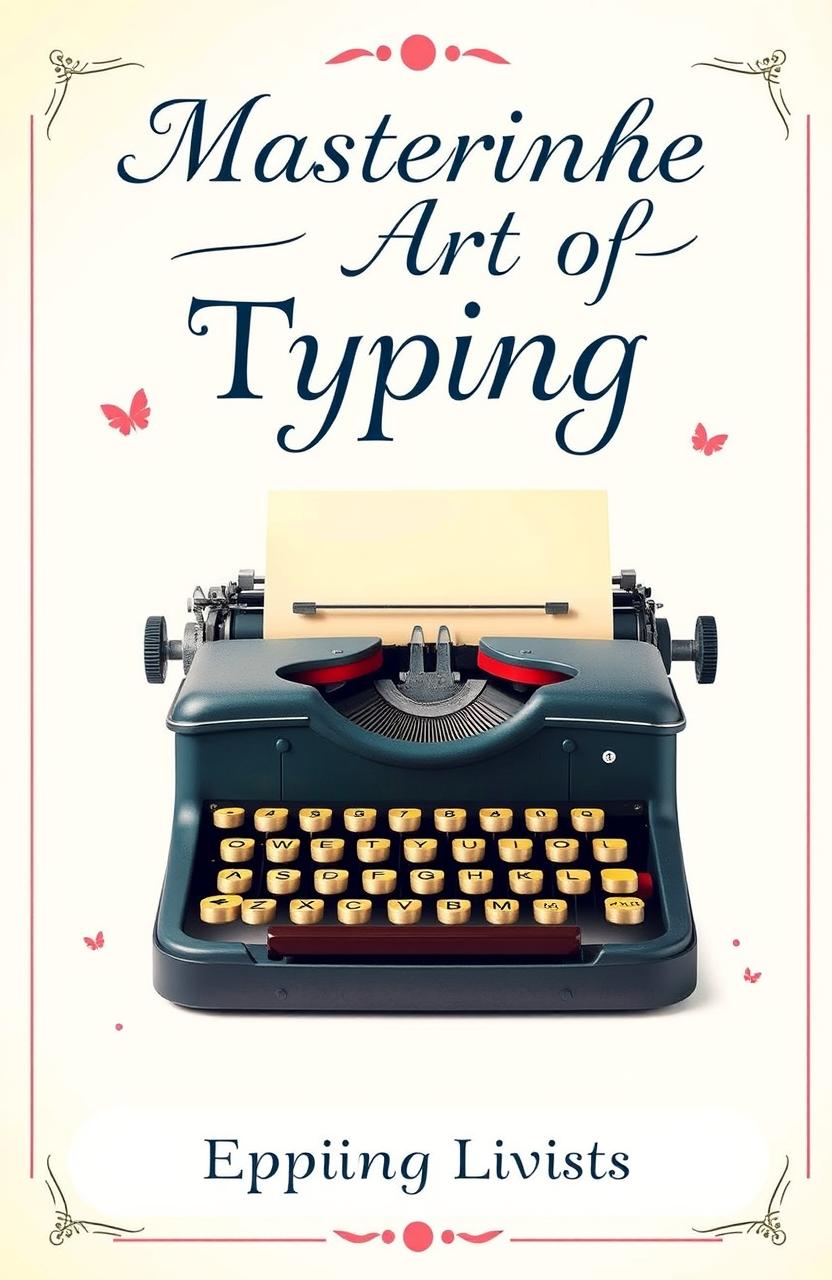 A visually appealing and elegant typing book cover design, featuring a vintage typewriter with a stack of colorful typing sheets, set against a soft pastel background