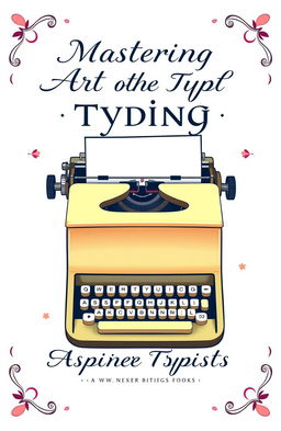 A visually appealing and elegant typing book cover design, featuring a vintage typewriter with a stack of colorful typing sheets, set against a soft pastel background