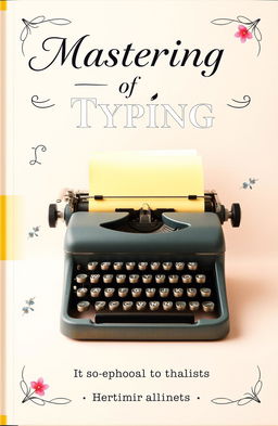 A visually appealing and elegant typing book cover design, featuring a vintage typewriter with a stack of colorful typing sheets, set against a soft pastel background