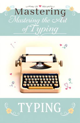 A visually appealing and elegant typing book cover design, featuring a vintage typewriter with a stack of colorful typing sheets, set against a soft pastel background