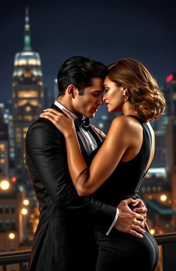 A dramatic scene depicting two secret agents in a passionate embrace, their expressions reflecting an intense romantic connection
