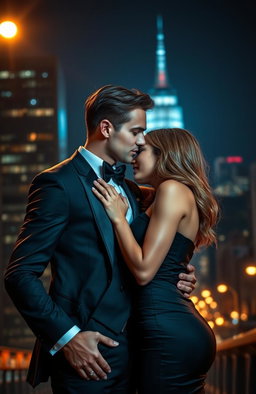 A dramatic scene depicting two secret agents in a passionate embrace, their expressions reflecting an intense romantic connection