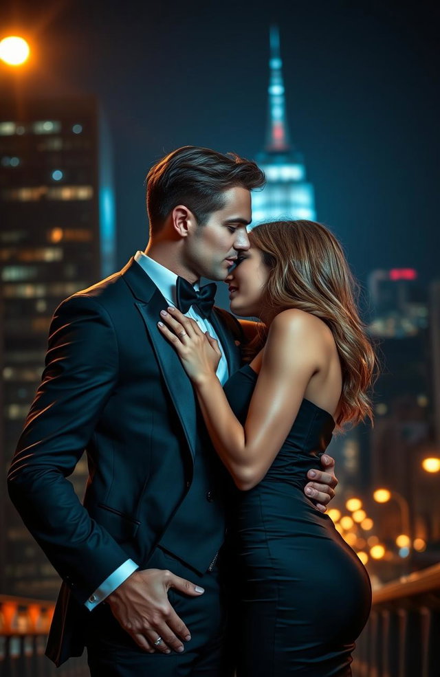 A dramatic scene depicting two secret agents in a passionate embrace, their expressions reflecting an intense romantic connection