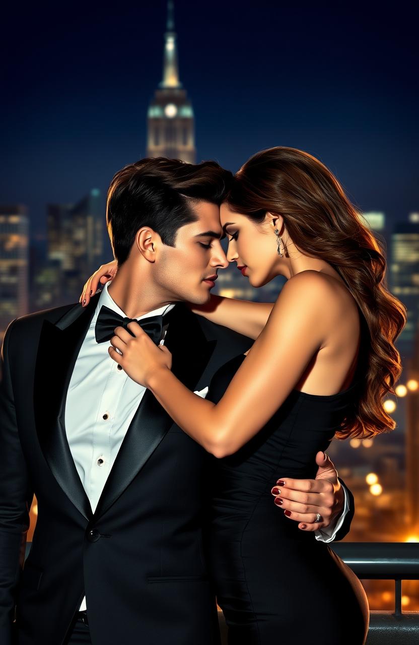 A dramatic scene depicting two secret agents in a passionate embrace, their expressions reflecting an intense romantic connection
