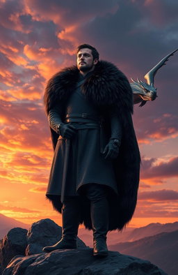 A heroic depiction of Jon Snow from Game of Thrones, standing confidently on a rocky cliff, wearing his iconic black fur cape and armor