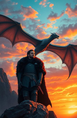 A heroic depiction of Jon Snow from Game of Thrones, standing confidently on a rocky cliff, wearing his iconic black fur cape and armor