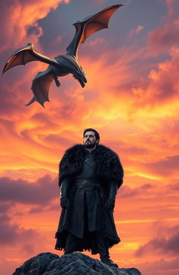 A heroic depiction of Jon Snow from Game of Thrones, standing confidently on a rocky cliff, wearing his iconic black fur cape and armor