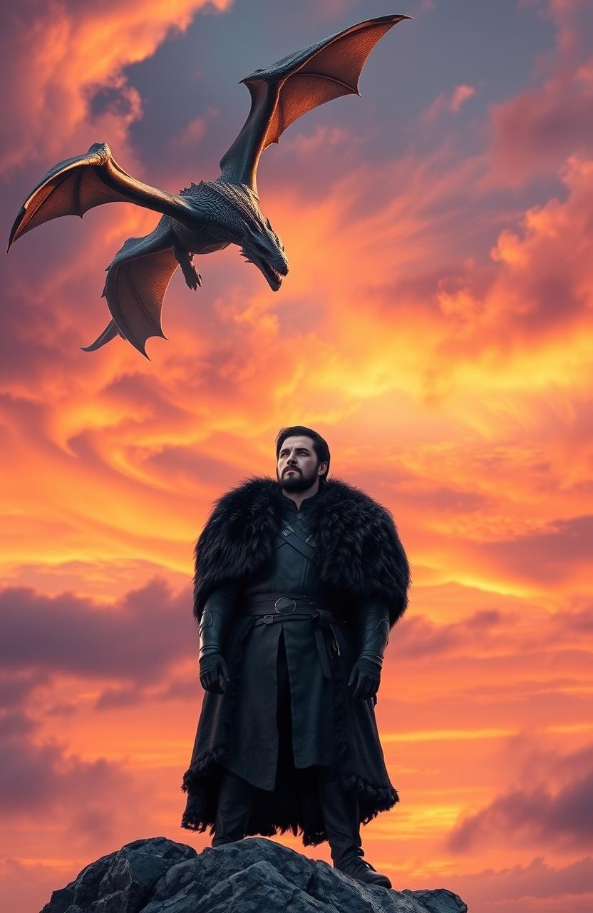A heroic depiction of Jon Snow from Game of Thrones, standing confidently on a rocky cliff, wearing his iconic black fur cape and armor