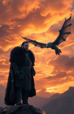 A heroic depiction of Jon Snow from Game of Thrones, standing confidently on a rocky cliff, wearing his iconic black fur cape and armor