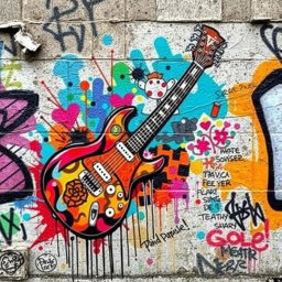 A vibrant urban wall covered with graffiti art featuring a striking, detailed image of an electric guitar