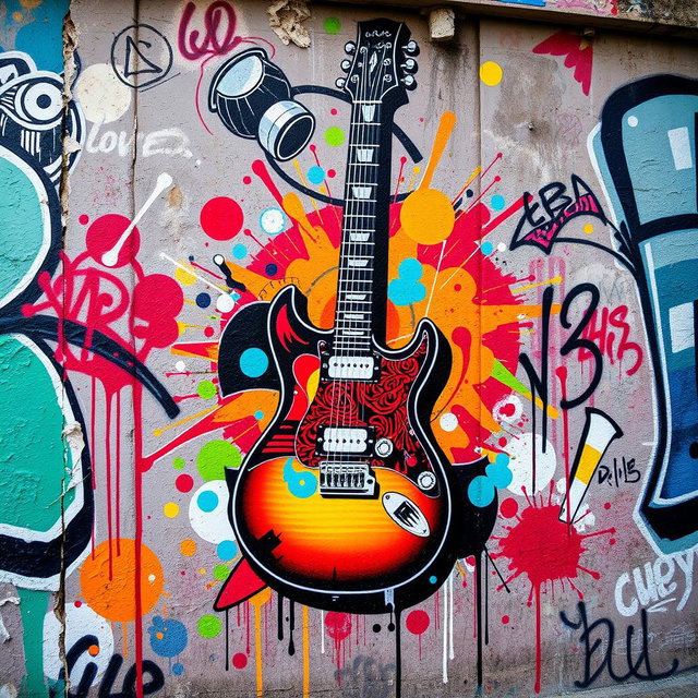 A vibrant urban wall covered with graffiti art featuring a striking, detailed image of an electric guitar