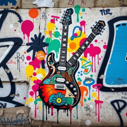 A vibrant urban wall covered with graffiti art featuring a striking, detailed image of an electric guitar