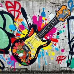 A vibrant urban wall covered with graffiti art featuring a striking, detailed image of an electric guitar