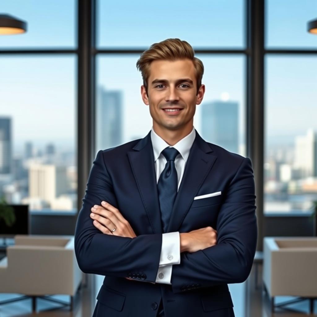 A professional-looking individual in a sleek, modern office environment, wearing a tailored navy blue suit, crisp white shirt, and elegant tie, with neatly styled hair