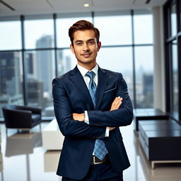 A professional-looking individual in a sleek, modern office environment, wearing a tailored navy blue suit, crisp white shirt, and elegant tie, with neatly styled hair