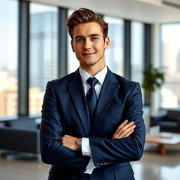 A professional-looking individual in a sleek, modern office environment, wearing a tailored navy blue suit, crisp white shirt, and elegant tie, with neatly styled hair