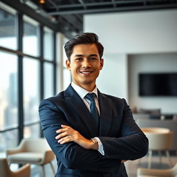 A professional-looking individual in a sleek, modern office environment, wearing a tailored navy blue suit, crisp white shirt, and elegant tie, with neatly styled hair