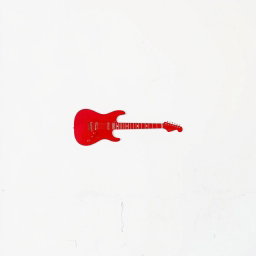 A minimalist artistic representation of a white wall that features a stain print of a simple red electric guitar