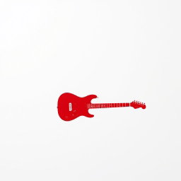 A minimalist artistic representation of a white wall that features a stain print of a simple red electric guitar