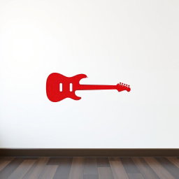 A minimalist artistic representation of a white wall that features a stain print of a simple red electric guitar