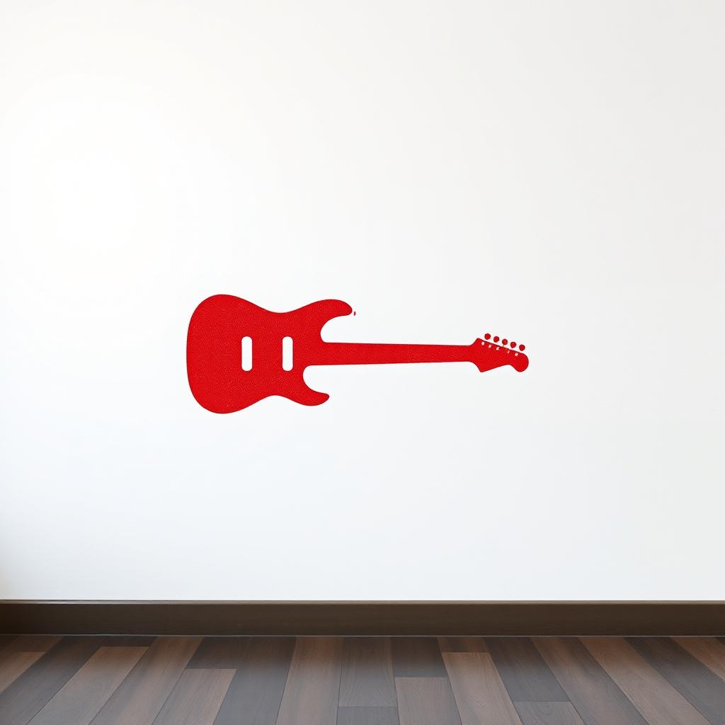 A minimalist artistic representation of a white wall that features a stain print of a simple red electric guitar
