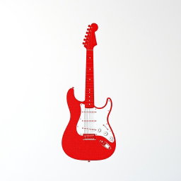 A minimalist artistic representation of a white wall that features a stain print of a simple red electric guitar