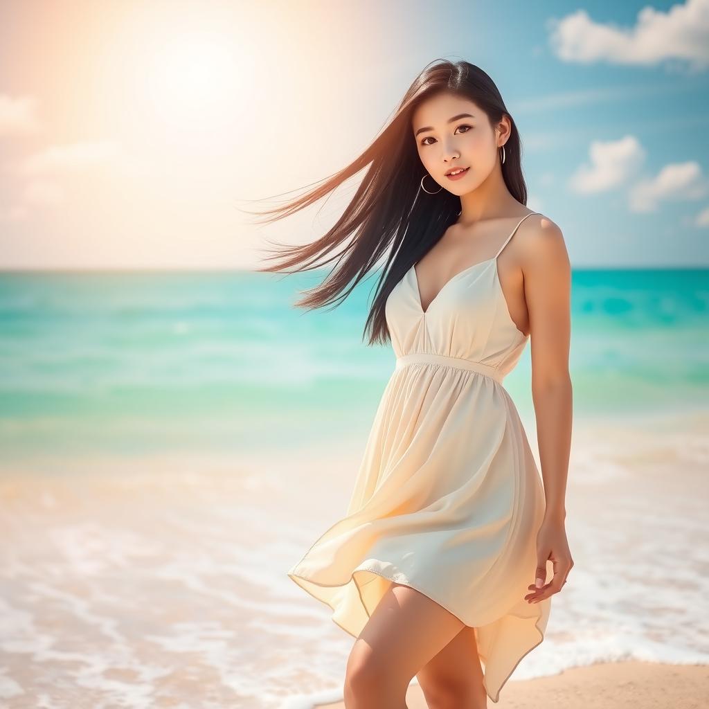 Radiant Korean Beauty on a Sunlit Beach