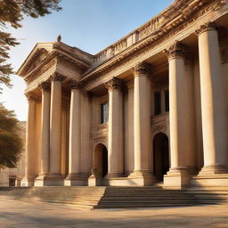 A majestic court building marked by striking architectural features, bathed in the glow of a setting sun, with steps leading up to grand entranceway.