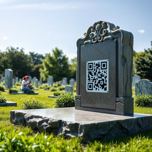 A modern graveyard featuring a large, beautifully crafted stone monument with an embedded QR code that symbolizes the connection between the gravestone and the family it represents