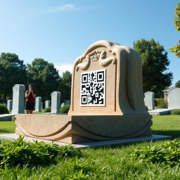 A modern graveyard featuring a large, beautifully crafted stone monument with an embedded QR code that symbolizes the connection between the gravestone and the family it represents