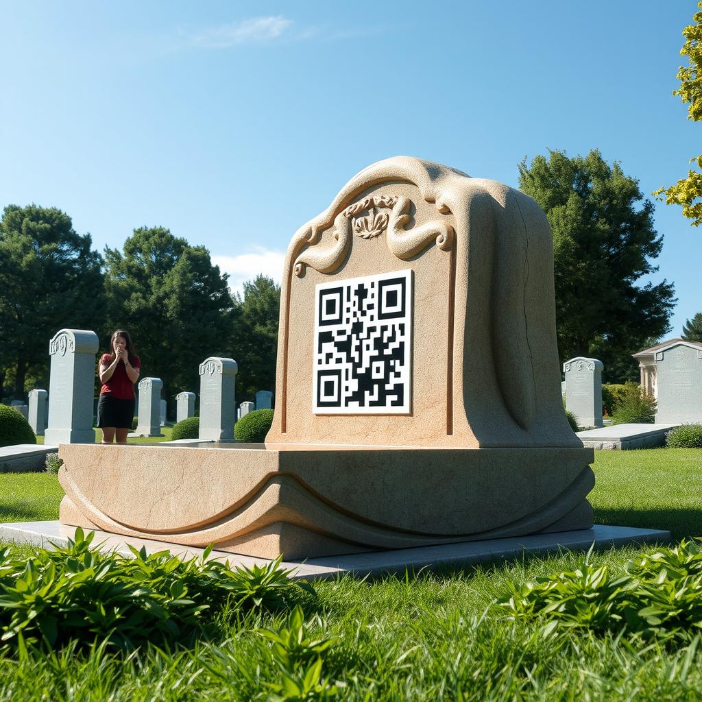 A modern graveyard featuring a large, beautifully crafted stone monument with an embedded QR code that symbolizes the connection between the gravestone and the family it represents
