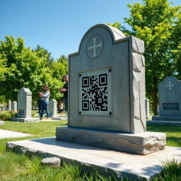A modern graveyard featuring a large, beautifully crafted stone monument with an embedded QR code that symbolizes the connection between the gravestone and the family it represents