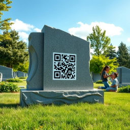 A modern graveyard featuring a large, beautifully crafted stone monument with an embedded QR code that symbolizes the connection between the gravestone and the family it represents