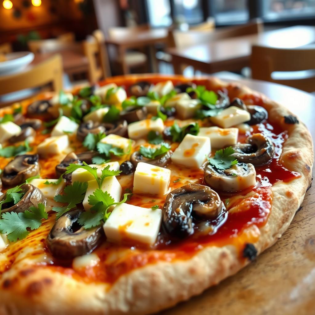 A delicious paneer and mushroom pizza, topped with generous slices of soft and creamy paneer cheese and fresh mushrooms