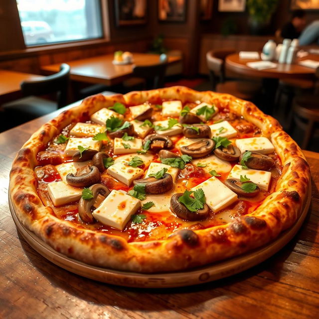 A delicious paneer and mushroom pizza, topped with generous slices of soft and creamy paneer cheese and fresh mushrooms