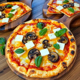 A delicious and appetizing pizza topped with golden, melted cheese, with generous slices of sautéed paneer and fresh mushrooms artfully arranged on a crispy, fluffy crust