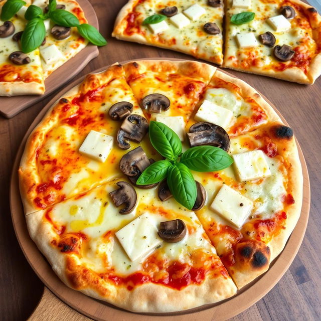 A delicious and appetizing pizza topped with golden, melted cheese, with generous slices of sautéed paneer and fresh mushrooms artfully arranged on a crispy, fluffy crust