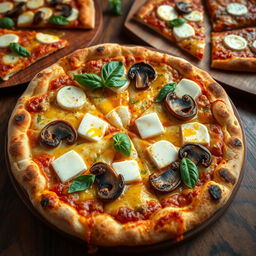 A delicious and appetizing pizza topped with golden, melted cheese, with generous slices of sautéed paneer and fresh mushrooms artfully arranged on a crispy, fluffy crust