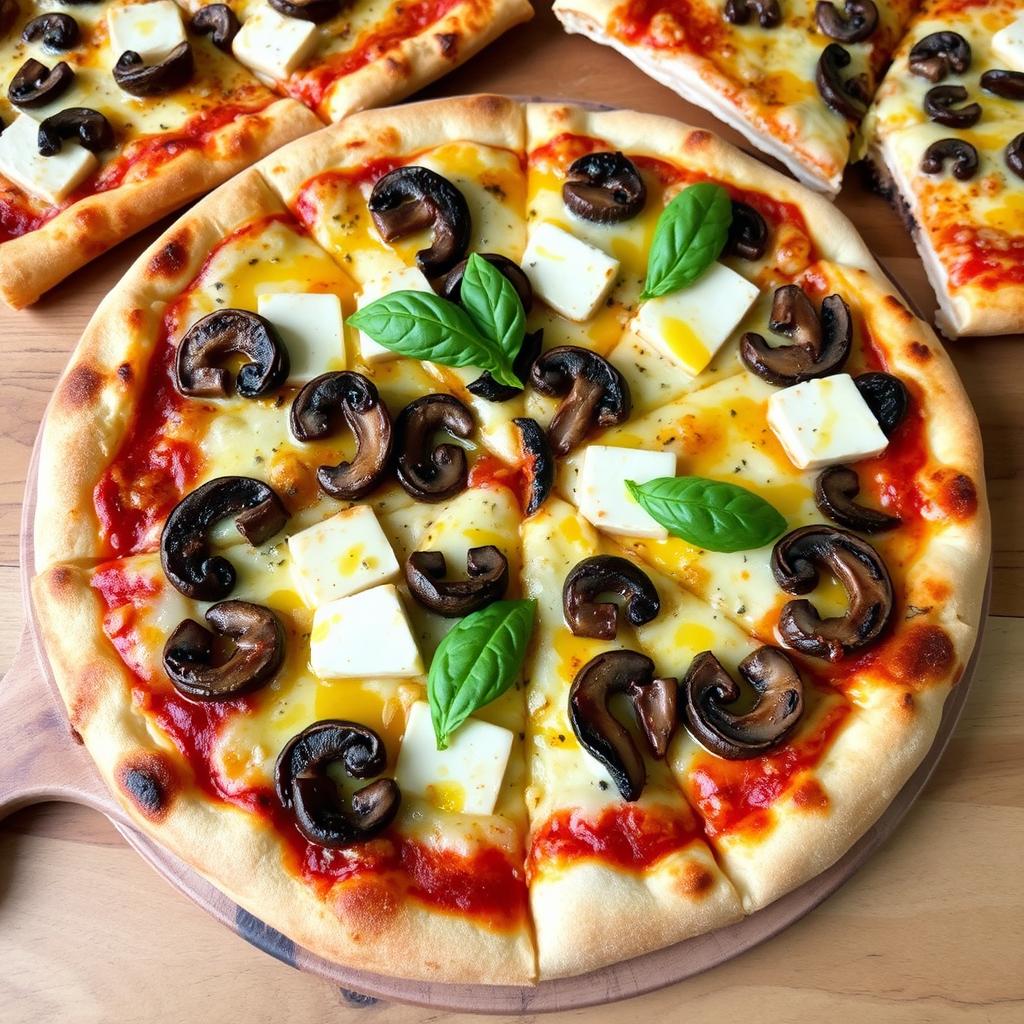 A delicious and appetizing pizza topped with golden, melted cheese, with generous slices of sautéed paneer and fresh mushrooms artfully arranged on a crispy, fluffy crust