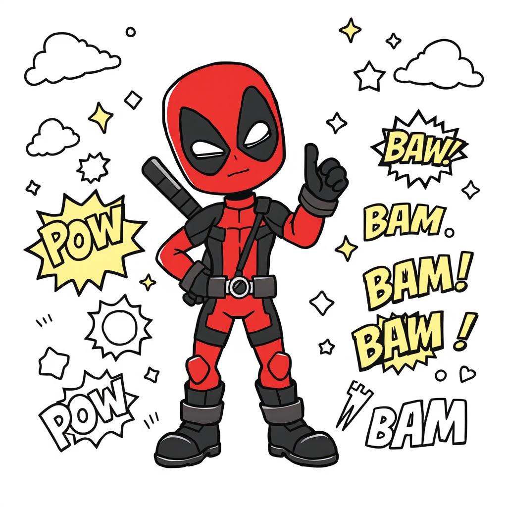 A fun and engaging children's coloring book page featuring a stylized, cartoonish version of a superhero inspired by Deadpool