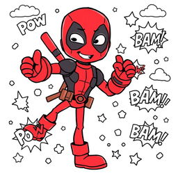 A fun and engaging children's coloring book page featuring a stylized, cartoonish version of a superhero inspired by Deadpool