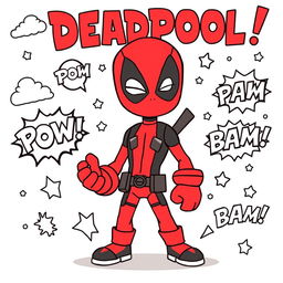 A fun and engaging children's coloring book page featuring a stylized, cartoonish version of a superhero inspired by Deadpool