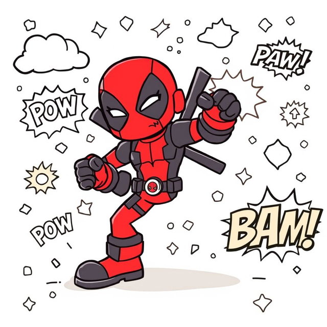 A fun and engaging children's coloring book page featuring a stylized, cartoonish version of a superhero inspired by Deadpool