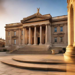 A majestic court building marked by striking architectural features, bathed in the glow of a setting sun, with steps leading up to grand entranceway.