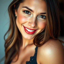 A close-up view of a beautiful young woman wearing a stylish and revealing outfit, featuring intricate lace details and playful motifs, with her hair cascading down her shoulders